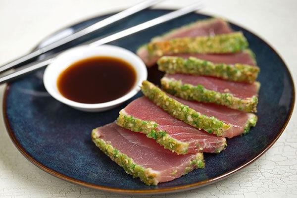 Spicy Tuna Roll with Wasabi Pea Crust