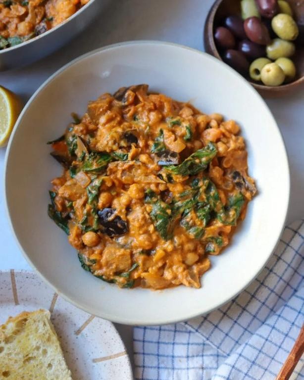 Spinach and Chickpea Casserole with Tahini Drizzle