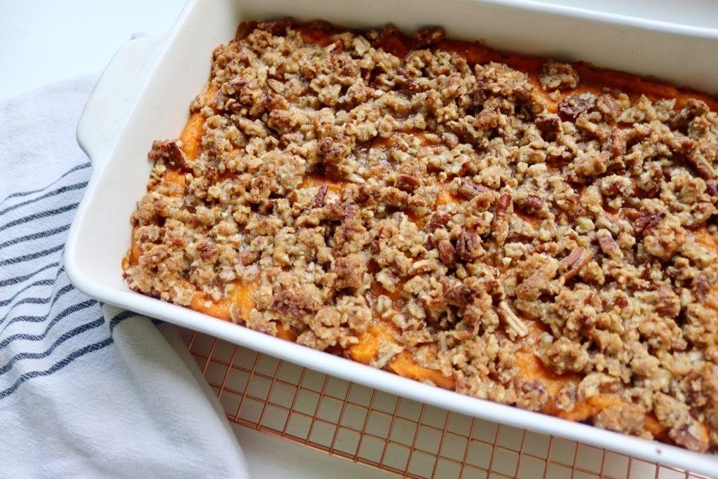 Spinach and Sweet Potato Casserole with Pecan Topping
