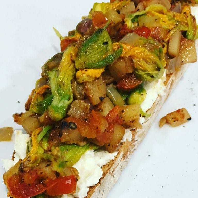 Squash Blossom and Tomato Bruschetta