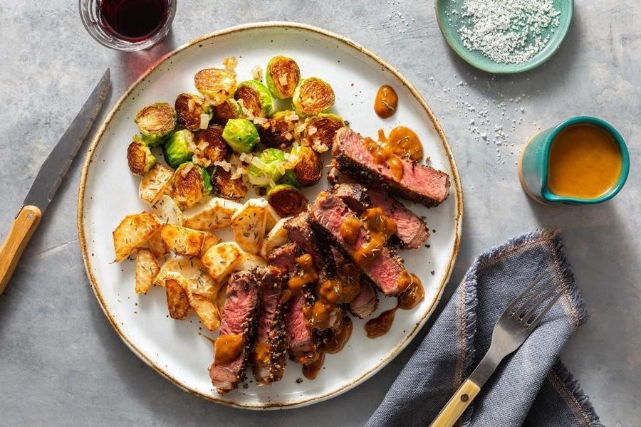 Steak Au Poivre with Roasted Vegetables
