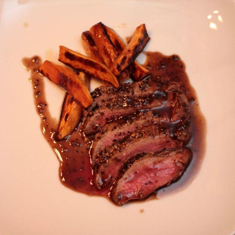 Steak Au Poivre with Sweet Potato Fries