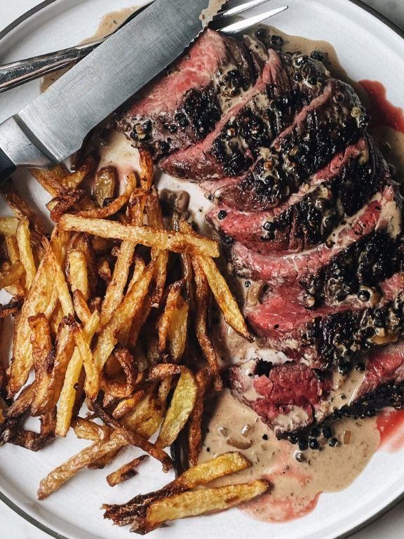 Steak Au Poivre with Truffle Oil Drizzle
