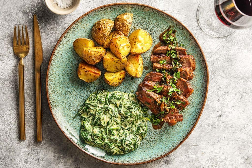 Strip Loin Steak with Creamy Spinach