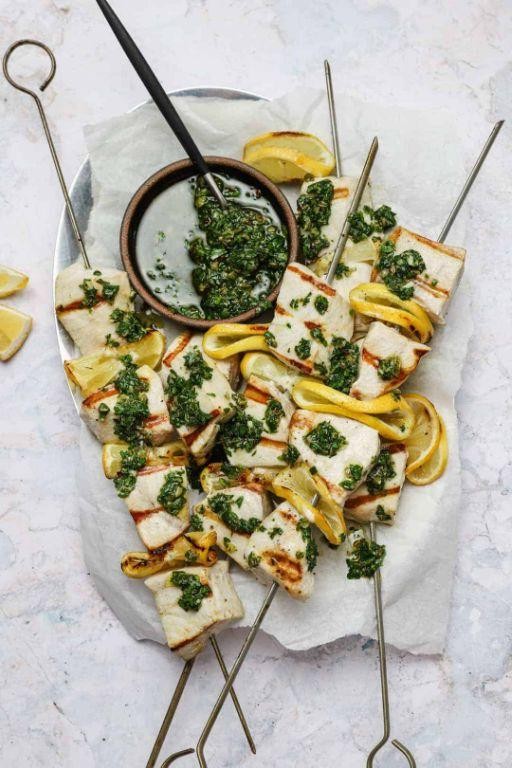 Swordfish and Shrimp Skewers with Lemon Aioli