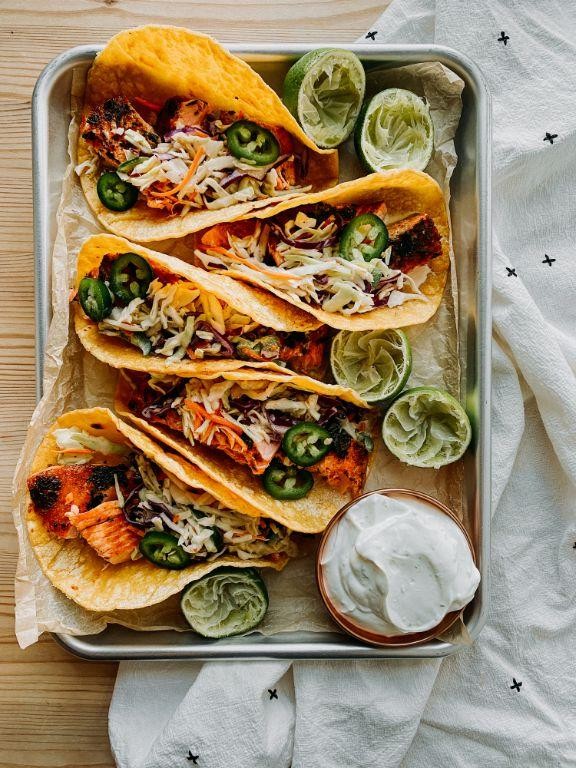Teriyaki Salmon Tacos with Lime Crema