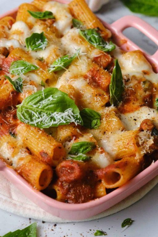 Three Cheese Baked Mostaccioli with Basil