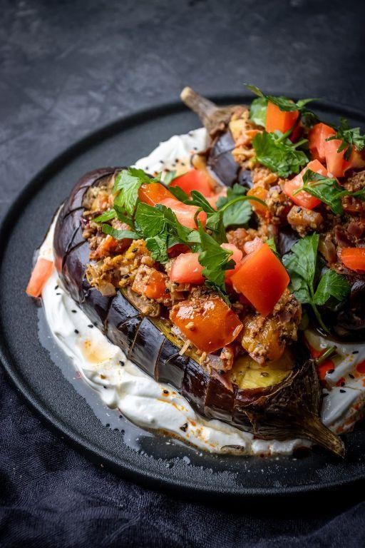 Turkey and Walnut Stuffed Eggplant
