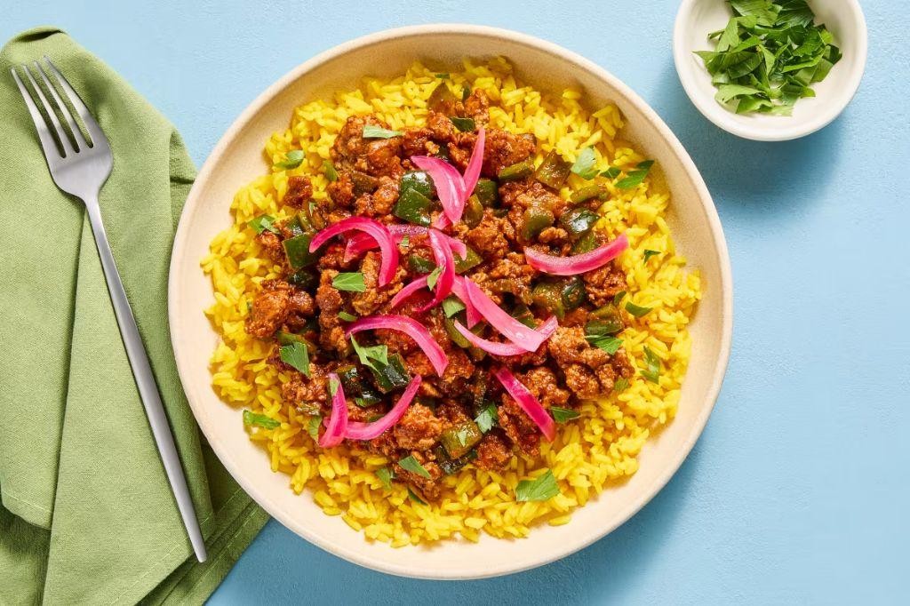 Turmeric Rice with Beef and Peppers