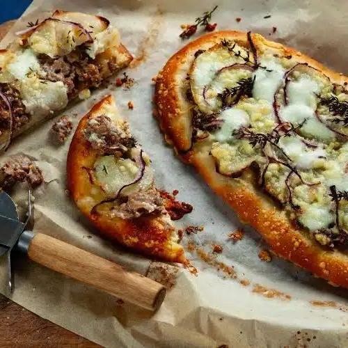 Venison Sausage Pizza with Caramelized Onions