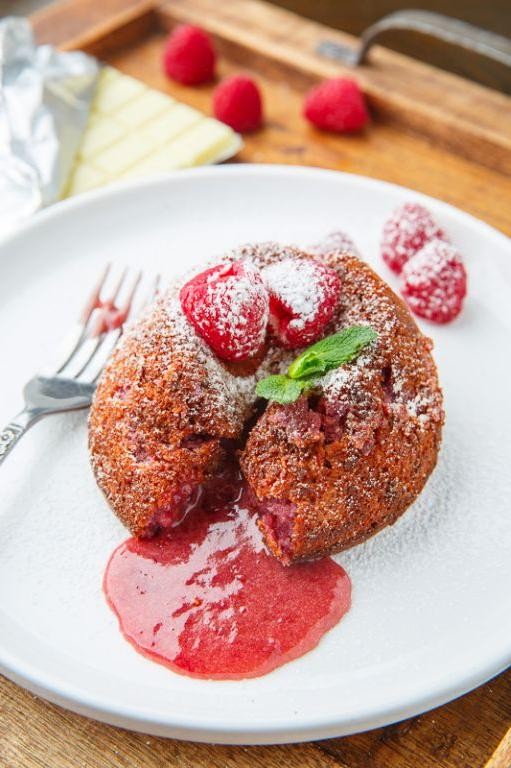 White Chocolate Lava Cake with Raspberry Sauce