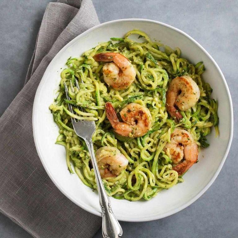 Zucchini Noodles with Avocado Pesto and Shrimp