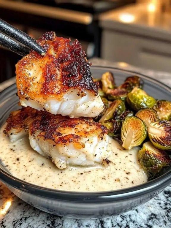 Baked Cod with Lemon Garlic Butter and Roasted Brussels Sprouts