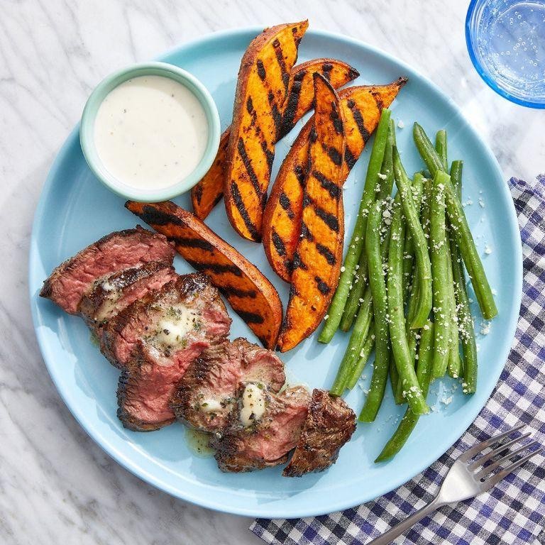 Grilled Steak with Roasted Sweet Potatoes and Green Beans