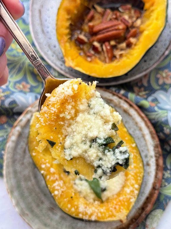 Microwave Acorn Squash with Blue Cheese and Bacon