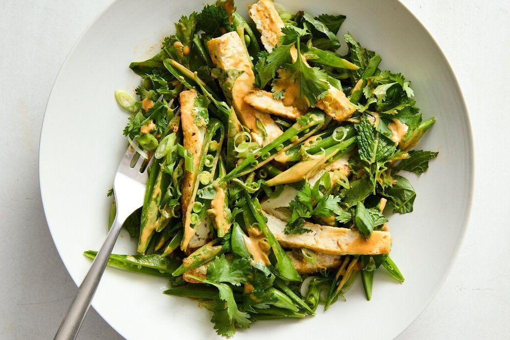 Sugar Snap Peas Salad with Tofu and Peanut Dressing